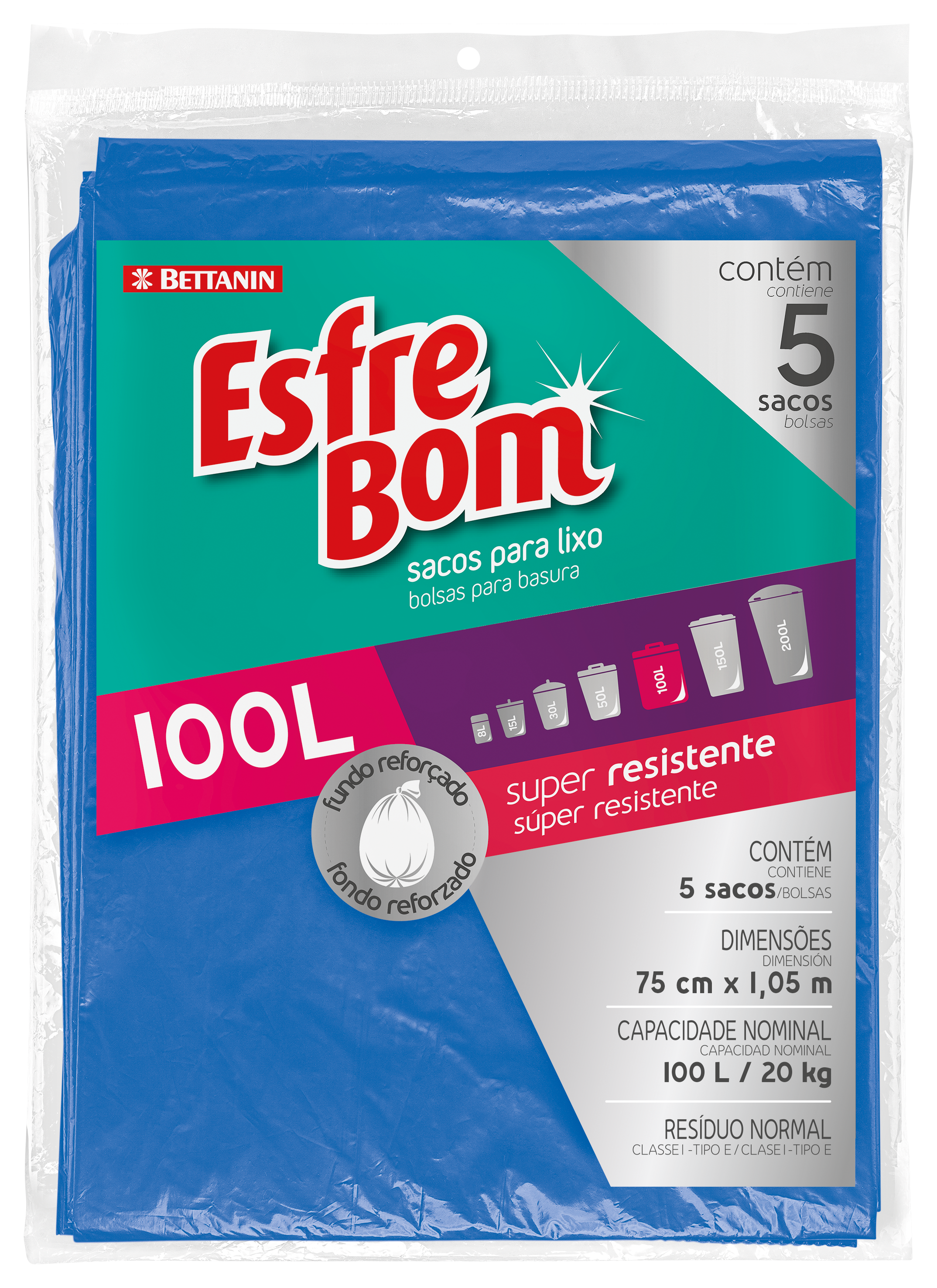 SACO PARA LIXO ALMOFADA ESFREBOM AZUL 100LT 5 SACOS