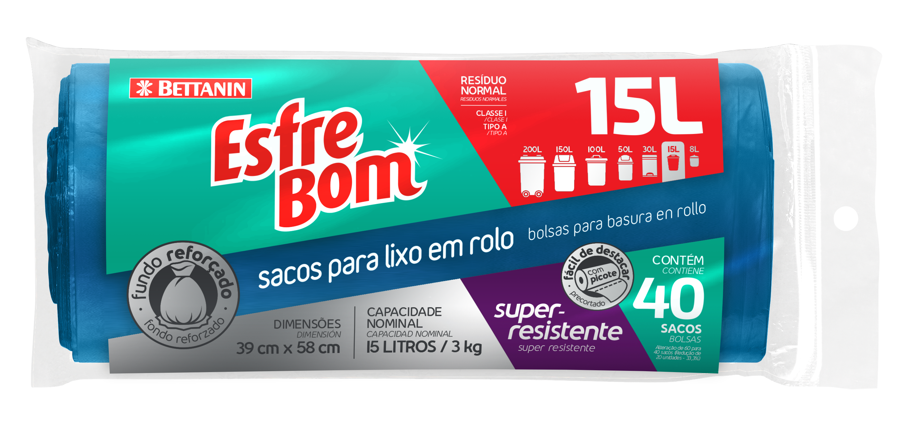 SACO PARA LIXO EM ROLO ESFREBOM AZUL 15LT 40 SACOS