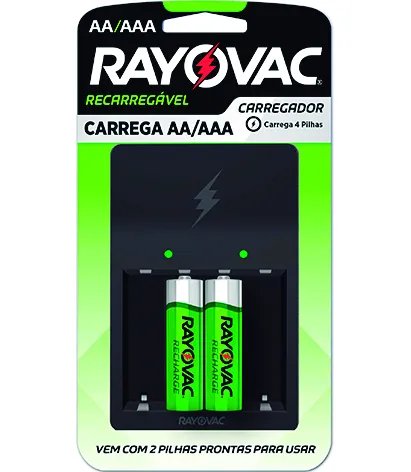 CARREGADOR RAYOVAC COM 2 PILHAS AA RECARREGÁVEIS