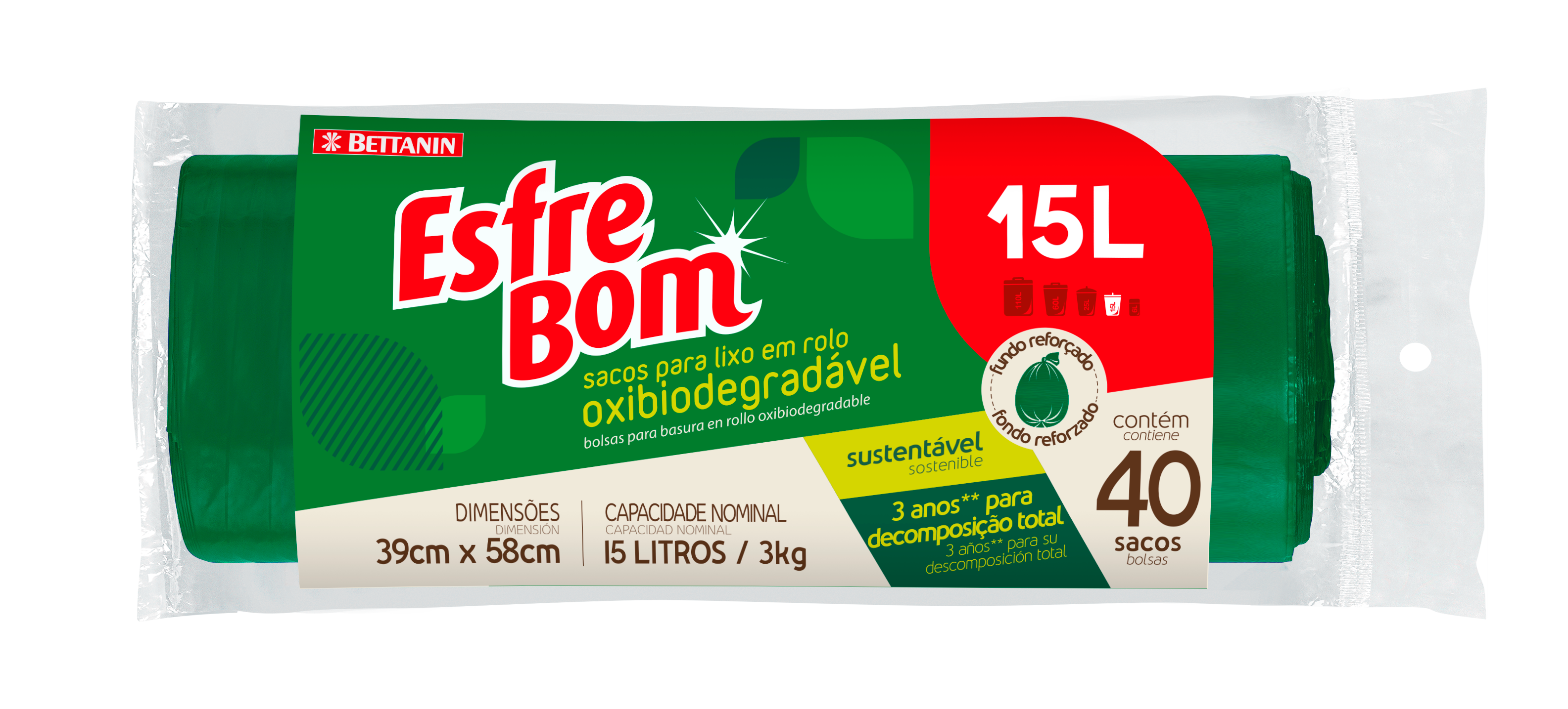 *SACO PARA LIXO EM ROLO ESFREBOM BIODEGRADÁVEL 15 LITROS 40 SACOS