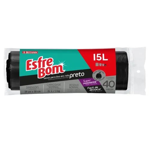 SACO PARA LIXO EM ROLO ESFREBOM PRETO 15 LITROS 40 SACOS