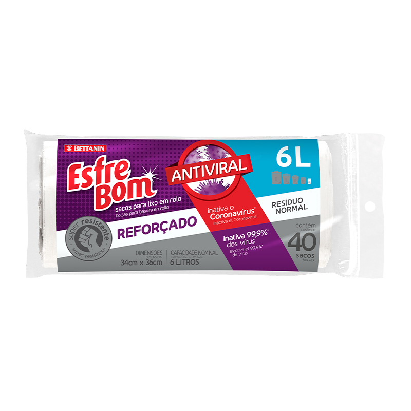 SACO PARA LIXO EM ROLO ESFREBOM ANTIVIRAL 6 LITROS 40 UND