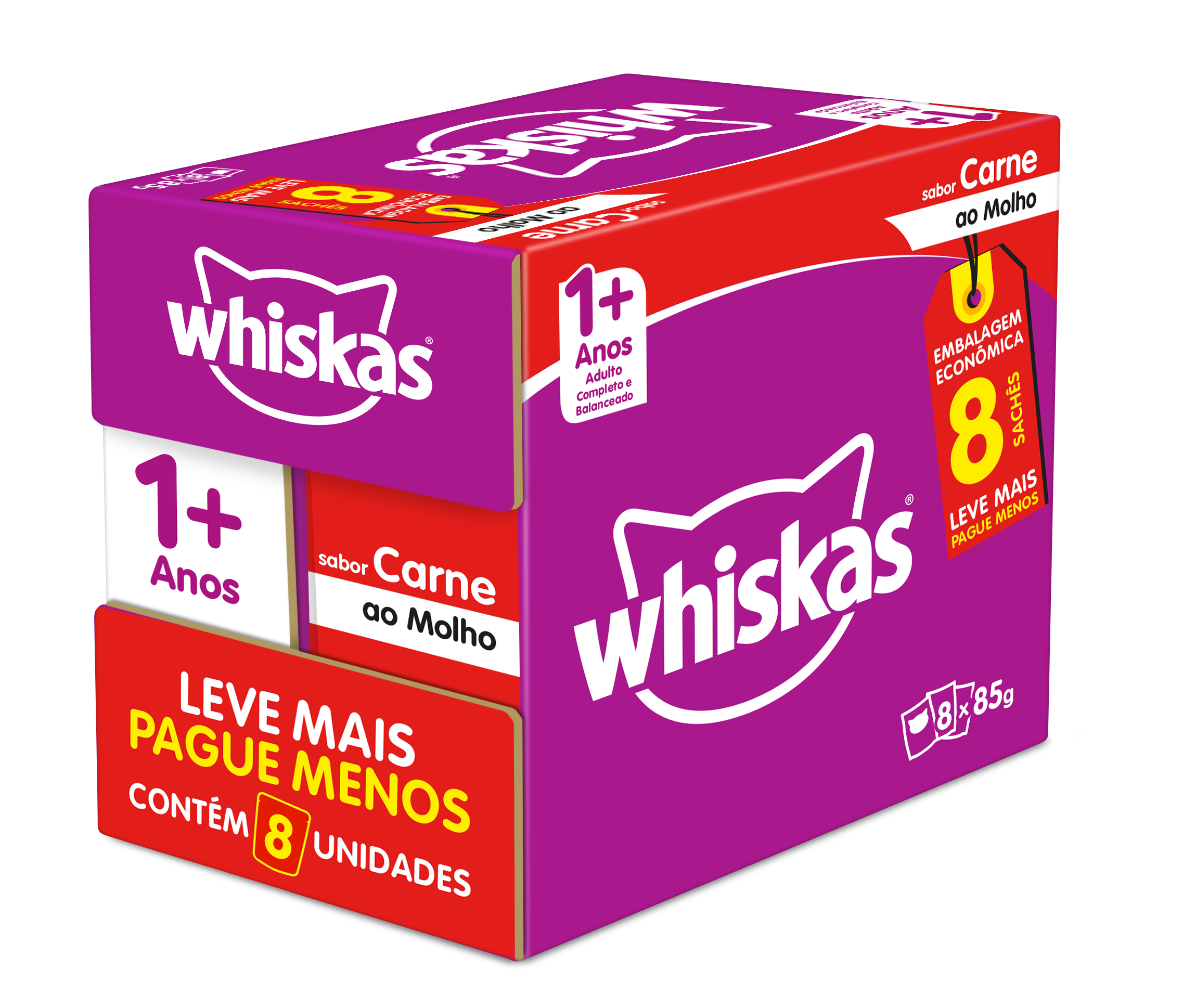 WHISKAS SACHÊ ADULTO CARNE LVMAIS PGMENOS 8 DE 85G