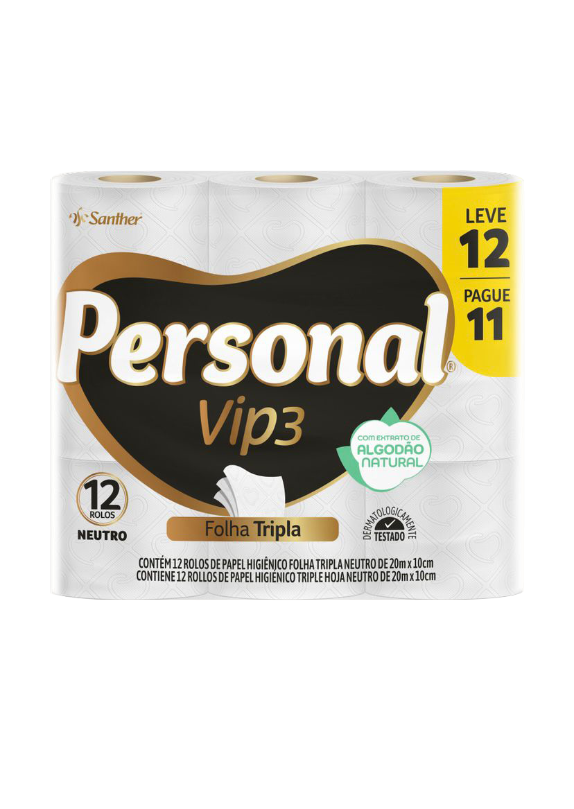 PAPEL HIGIÊNICO PERSONAL VIP NEUTRO FOLHA TRIPLA LV12 PG11 12X20M