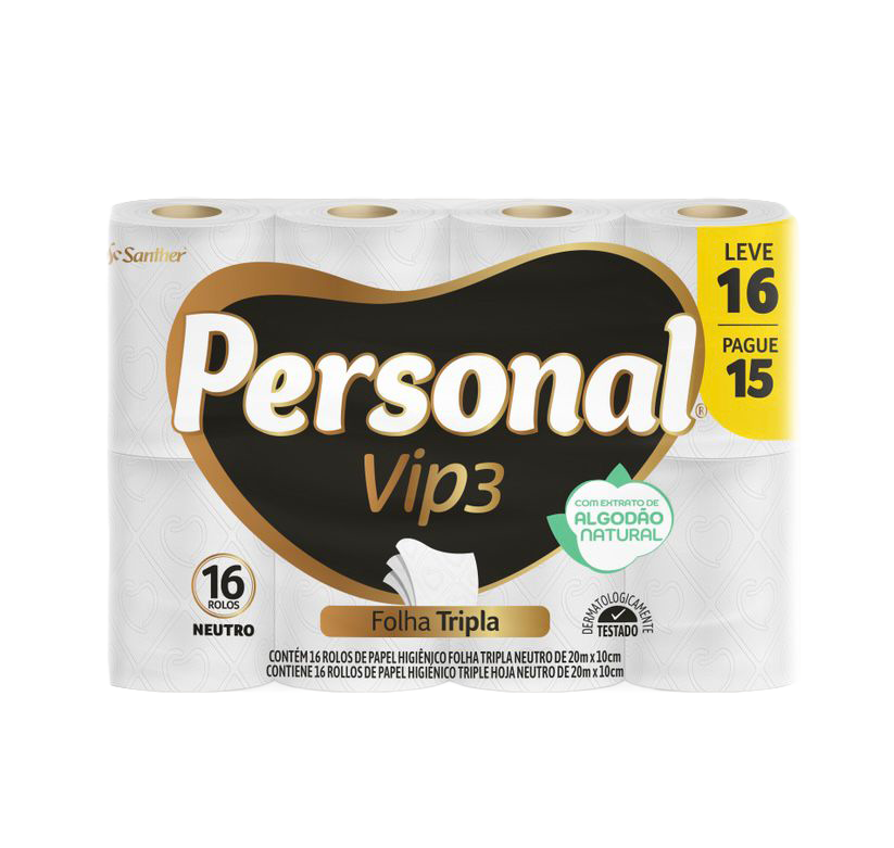 PAPEL HIGIÊNICO PERSONAL VIP NEUTRO FOLHA TRIPLA LV16 PG15 16X20M