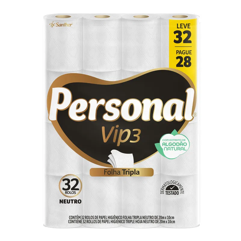 PAPEL HIGIÊNICO PERSONAL VIP NEUTRO FOLHA TRIPLA 32X20M