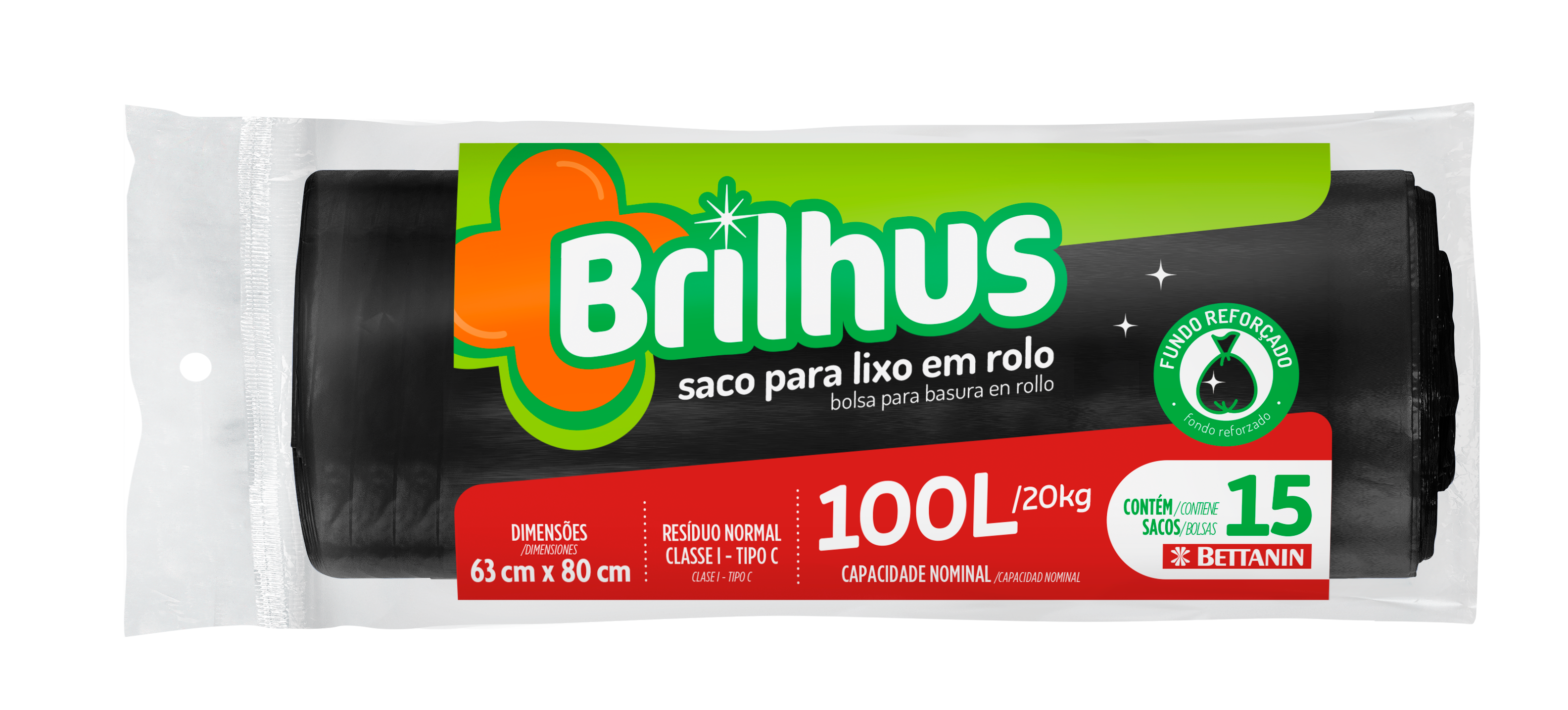 SACO PARA LIXO EM ROLO BRILHUS 100LT 15 SACOS