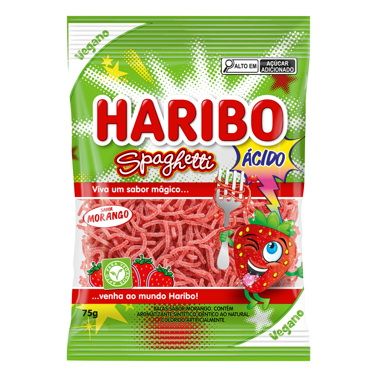 BALA SPAGHETTI HARIBO MORANGO ÁCIDO 75G