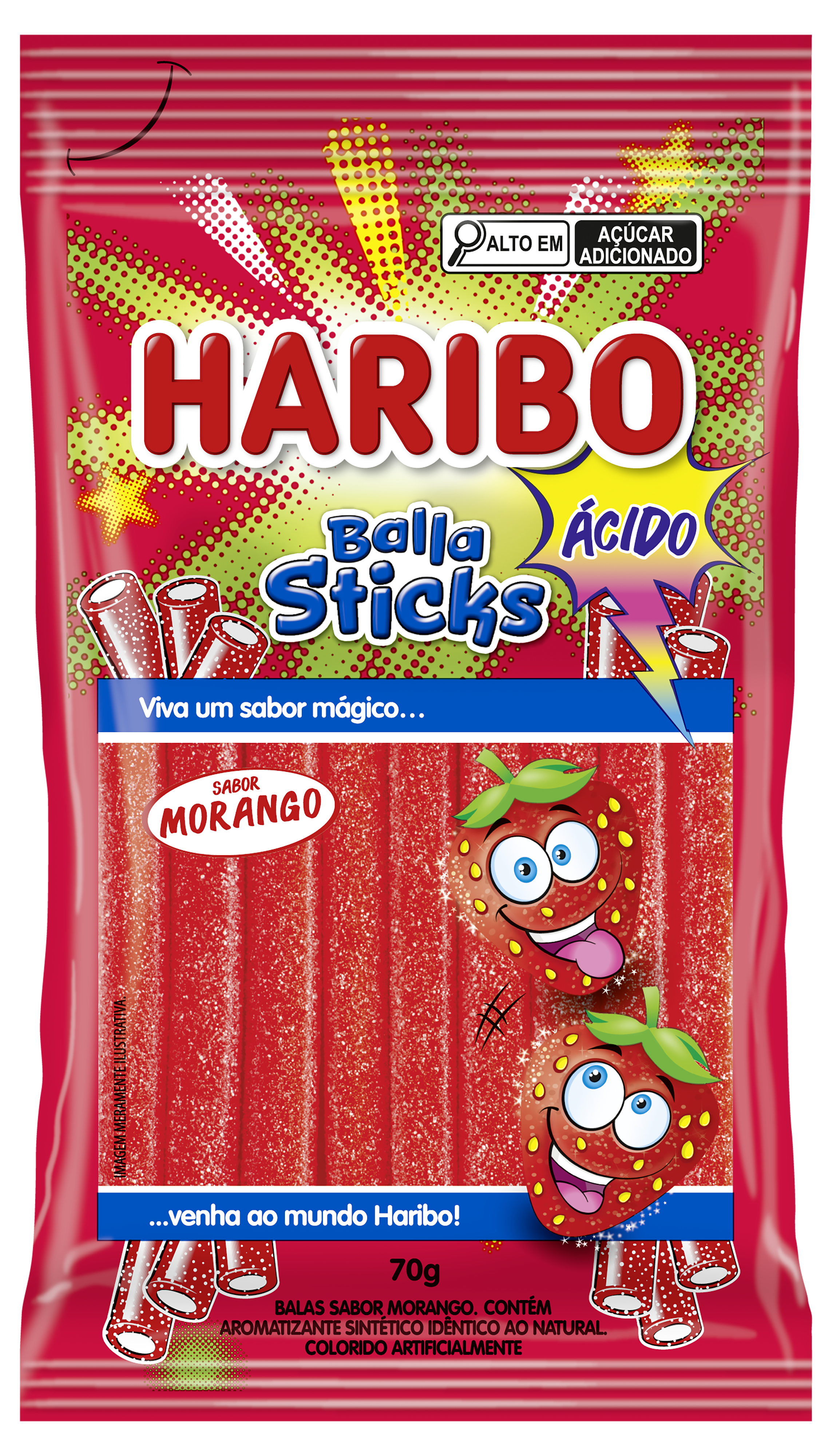 BALA STICKS HARIBO MORANGO ÁCIDO 70G