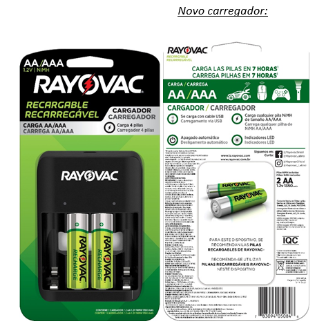 CARREGADOR RAYOVAC USB COM 2 PILHAS AA RECARREGÁVEIS
