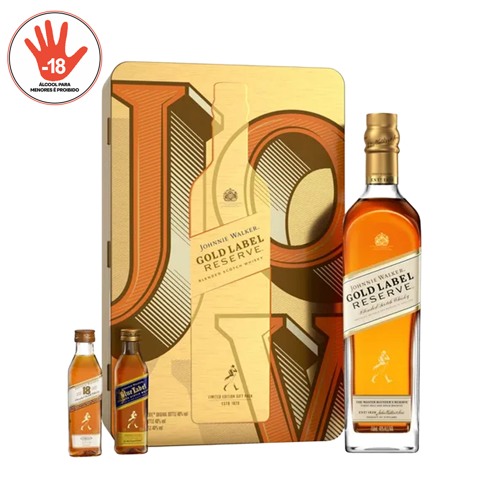 KIT WHISKY JOHNNIE WALKER GOLD LABEL RESERVE 750ML + AGED 50ML + BLUE LABEL 50ML