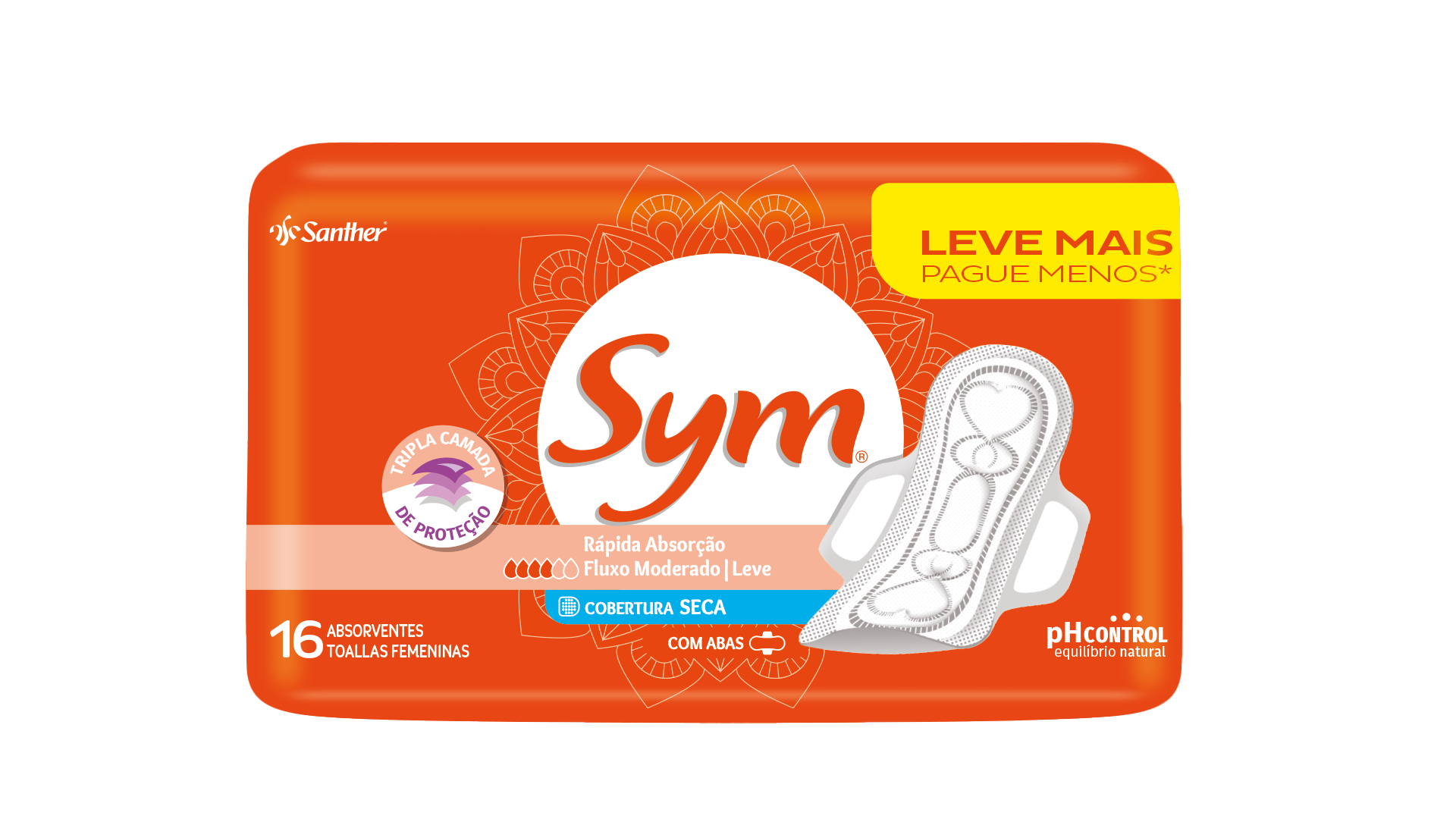 ABSORVENTE COM ABAS TOTAL PROTECT SECA SYM PACOTE 16 UNIDADES LEVE MAIS PAGUE MENOS