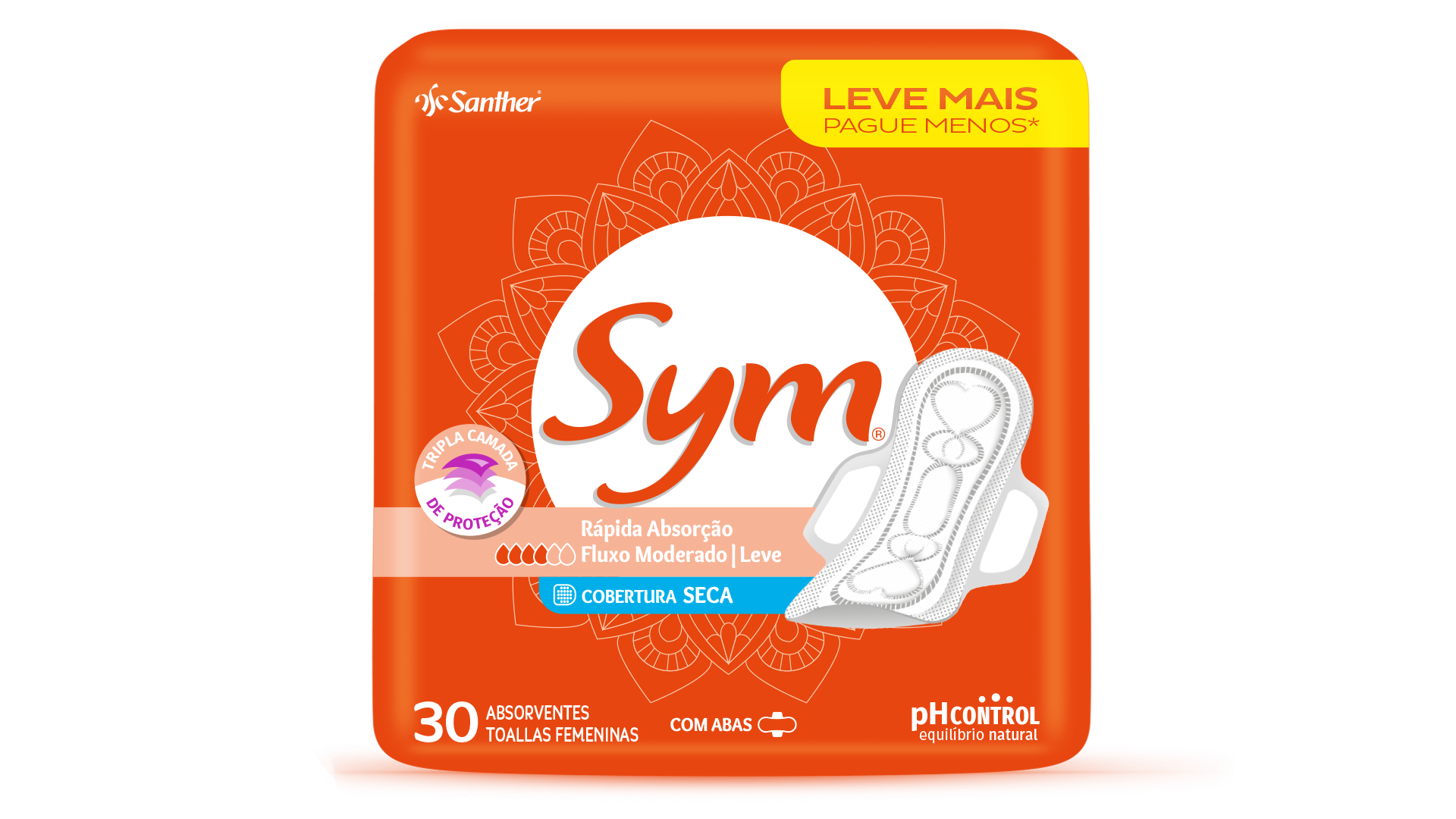 ABSORVENTE SYM REGULAR CABSORVENTE COM ABAS TOTAL PROTECT SECA SYM PACOTE 16 UNIDADES LEVE MAIS PAGUE MENOS