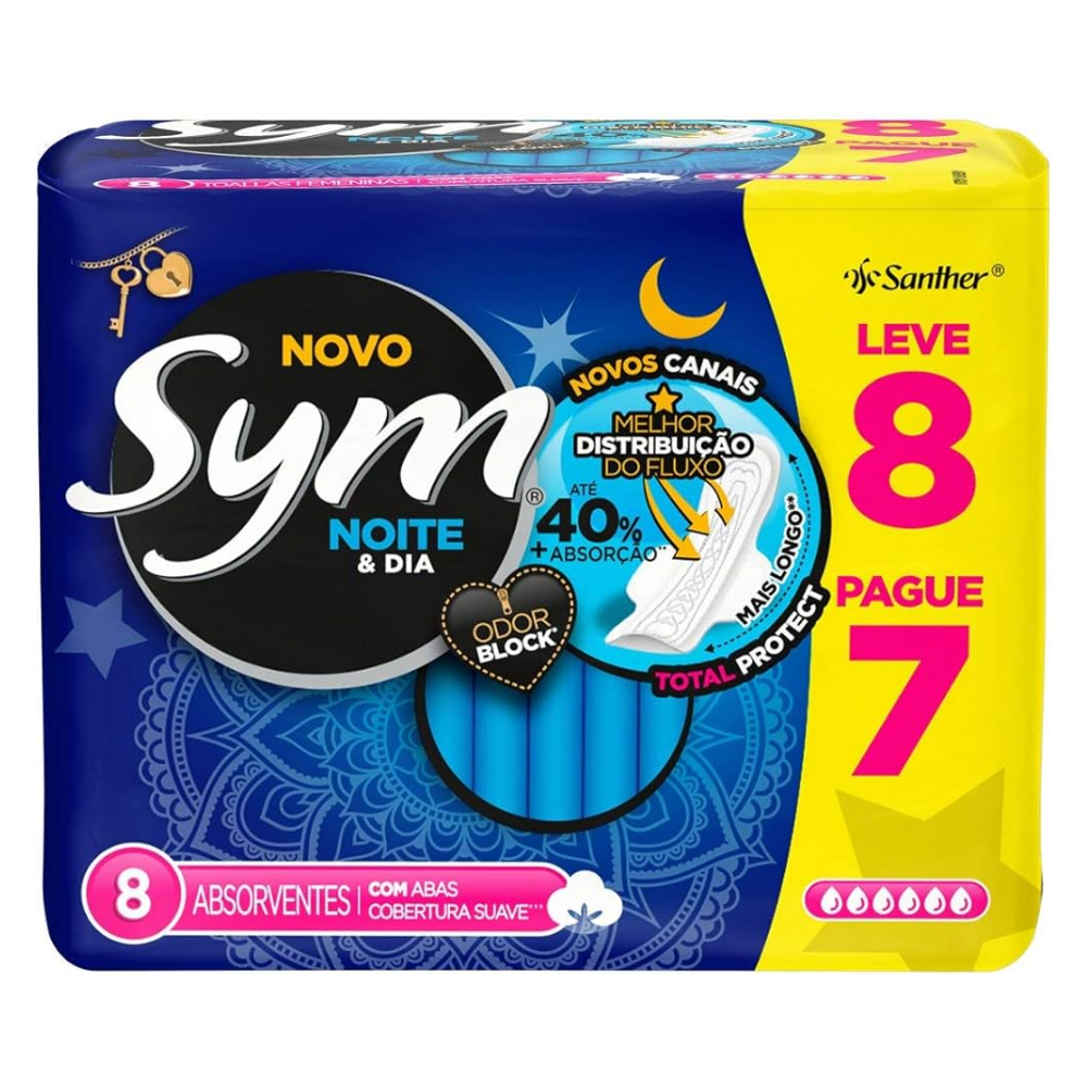 ABSORVENTE SYM NOITE E DIA TOTAL PROTECT COM ABAS SUAVE PACOTE LEVE 8 PAGUE 7 UNIDADES
