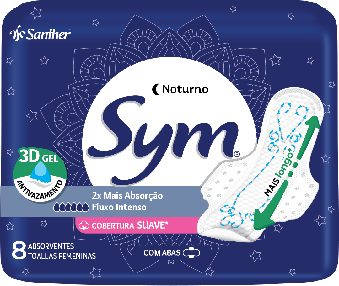 ABSORVENTES SYM NOITE E DIA ULTRA RESPIRÁVEL SUAVE PREMIUM COM ABAS PACOTE 8 UNIDADES