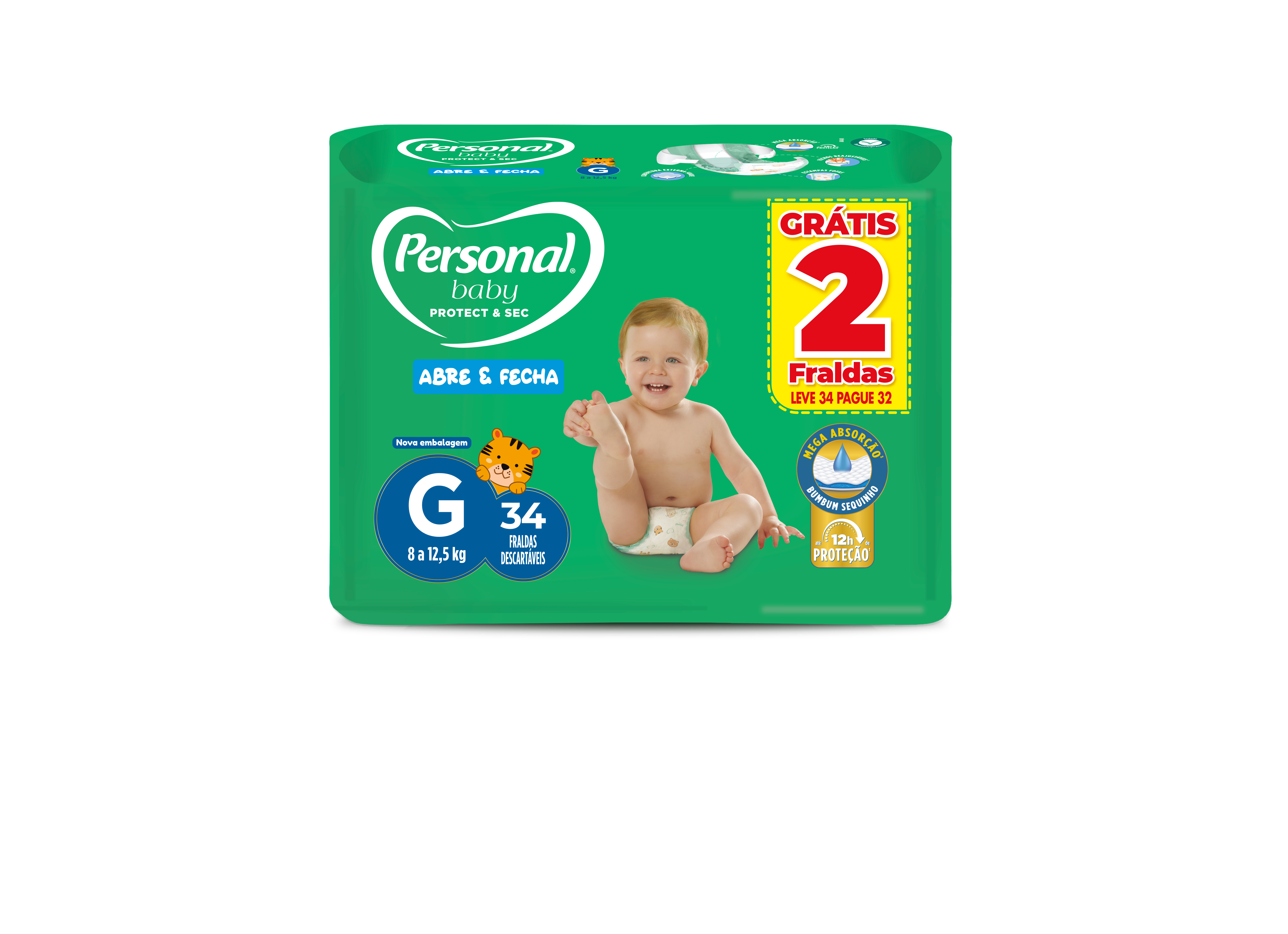 FRALDA DESCARTAVEL PERSONAL BABY PROTECT & SEC G PACOTE LEVE 34 PAGUE 32 UNIDADES