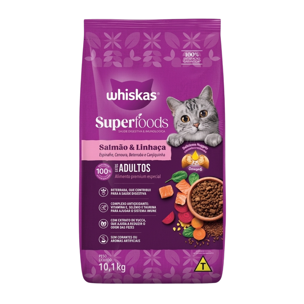 WHISKAS SALMÃO E LINHAÇA SUPERFOODS ADULTO 10,1KG