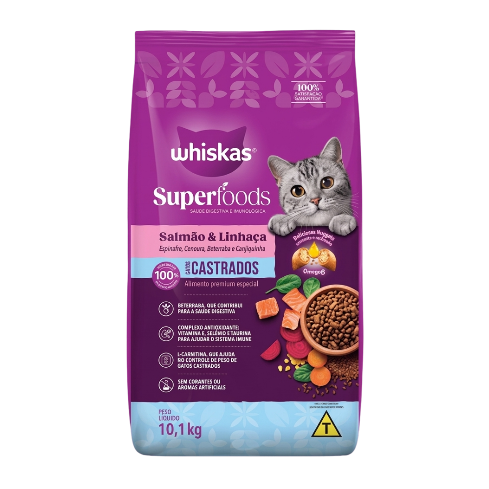 WHISKAS SALMÃO E LINHAÇA SUPERFOODS ADULTO CASTRADOS 10,1KG