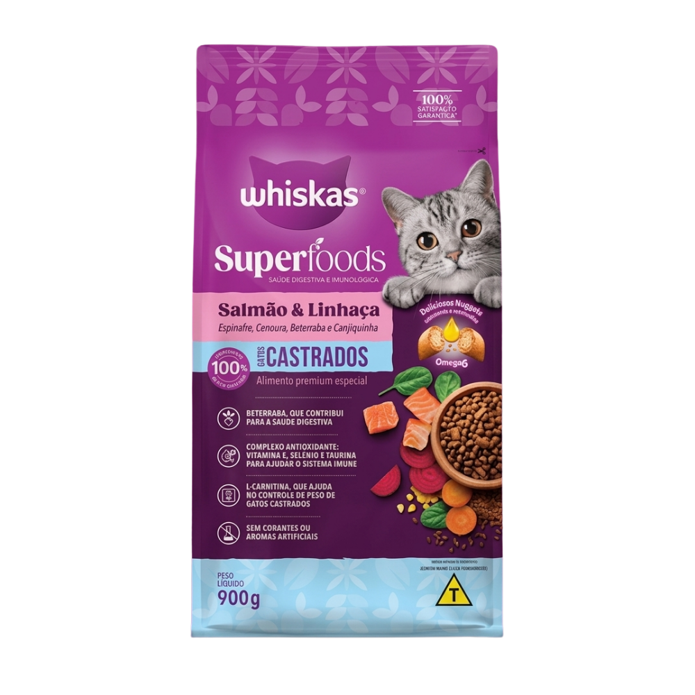 WHISKAS SUPERFOODS ADULTO CASTRADOS SALMÃO E LINHAÇA 900G