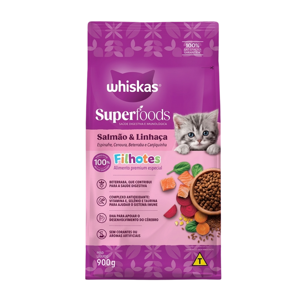 WHISKAS SUPERFOODS FILHOTE SALMÃO E LINHAÇA 900G